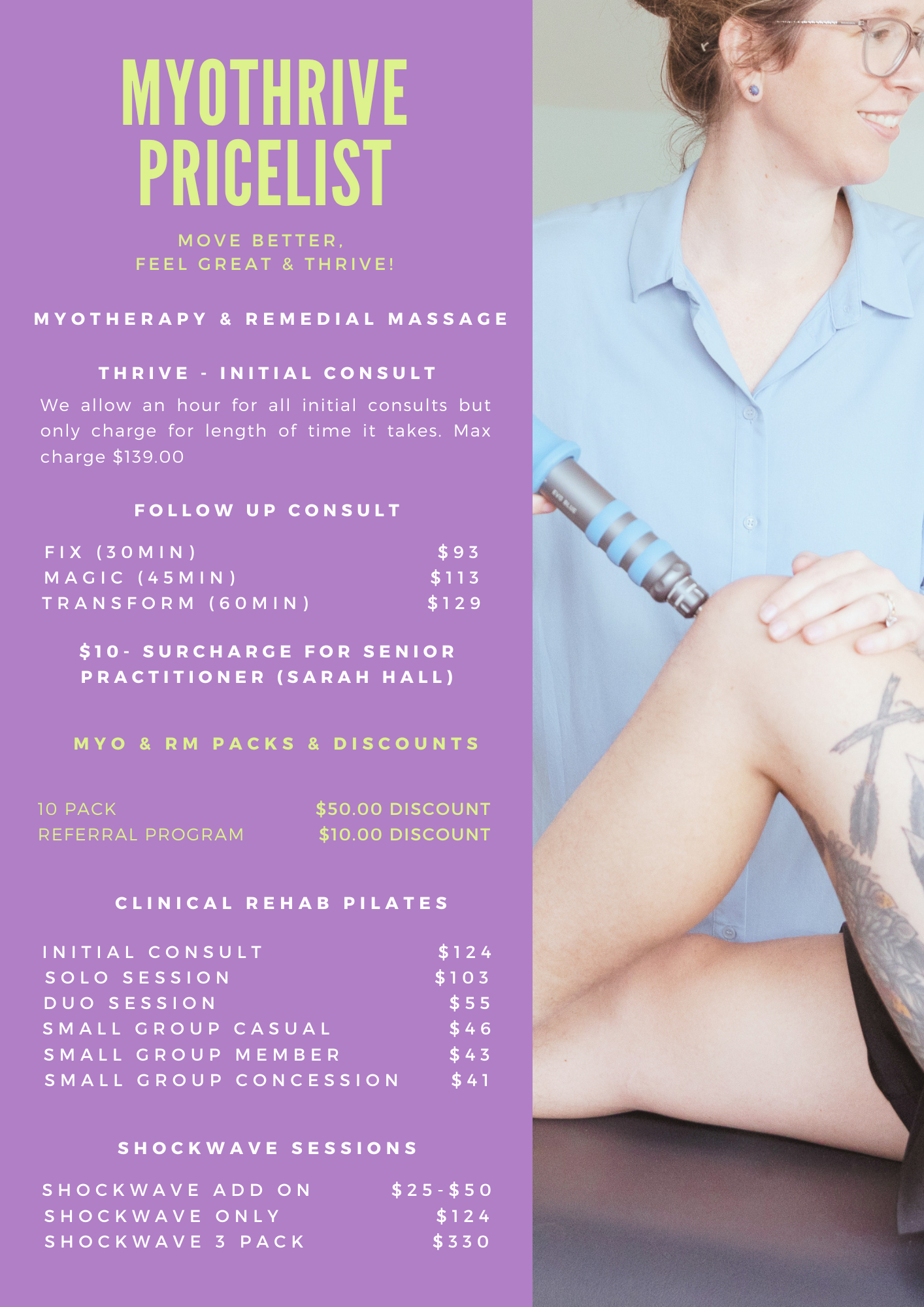 Myotherapy Pricelist, Remedial Massage Price, Clinical Pilates Price, Shockwave Price